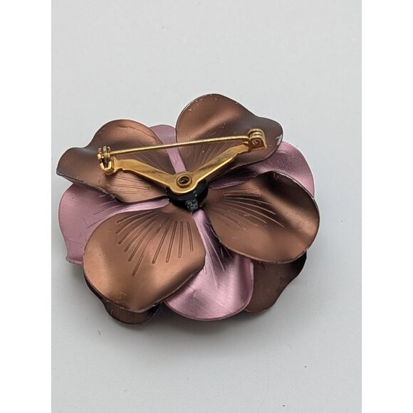 VTG Metal Enamel Flower Brooche Pin Satin Pink Brown Fucsia Rhinesto Large 2.5" - Picture 8 of 8